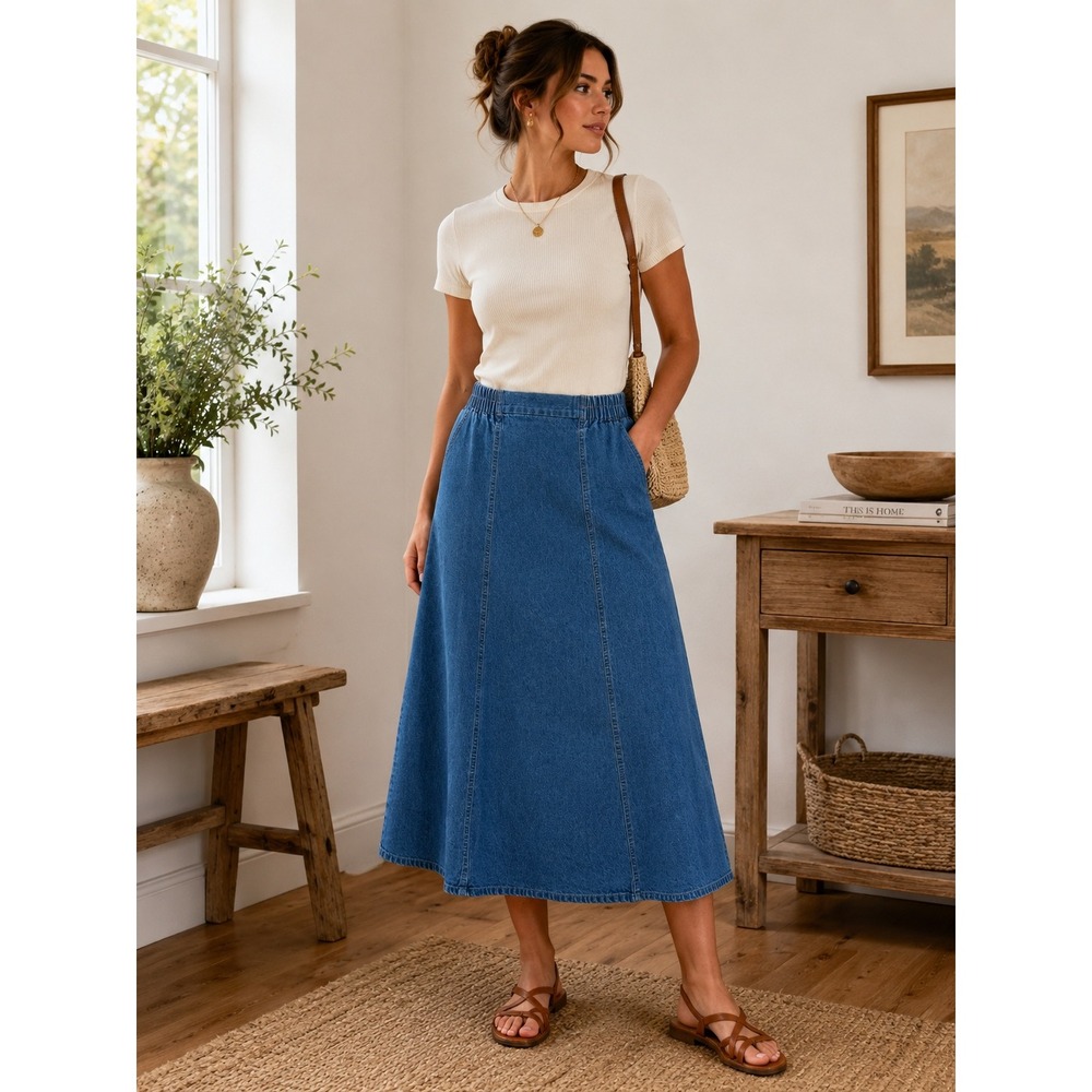 Graff Denim Skirt Size 8 Blue Elastic Waist Pockets Vintage 90s Boho Country